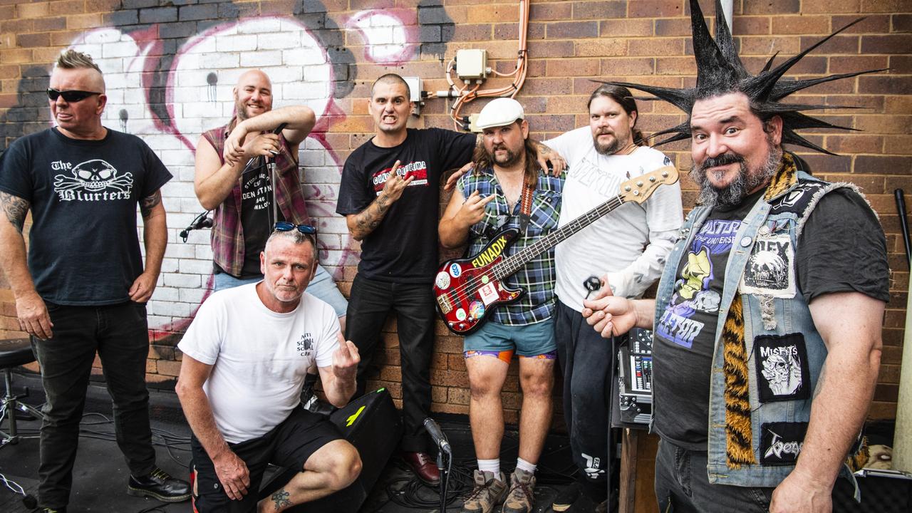 Setting up for Punk Rock gig are (from left) Steve Langford and Dave Small of Kombi Killers, Dane Olsen (back) of Sang-Froid, Jeremiah McKenzie, Jacob Krog and Dane Olsen of Sang-Froid and Dinny Kostka at Mouse Proof Brewery. Picture: Kevin Farmer