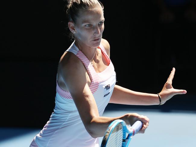 Pliskova hits a forehand against Serena Williams at this year’s Australian Open. Pic: Michael Klein