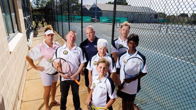 Marion Tennis Club members Liz Hearn, Nigel Dally, Tony Davey, Pat Carey, Kym Morgan Lakshay Madankumar and Korbyn Hearn (front). Picture: Matt Turner