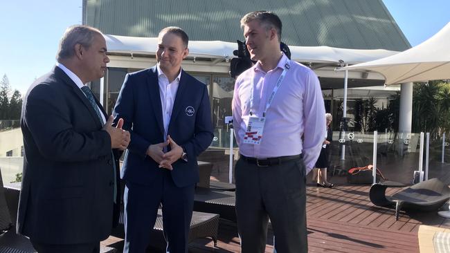 Gold Coast Mayor Tom Tate with Commonwealth Games Federation CEO David Grevemberg and Birmingham 2022 Commonwealth Games Organising Committee CEO Ian Reid in Broadbeach on 6 May 19.