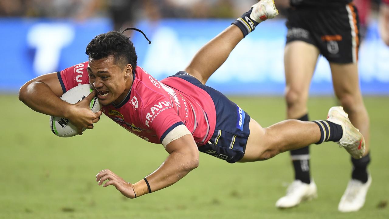 Nanai scores against the Tigers last season. Picture: Ian Hitchcock/Getty