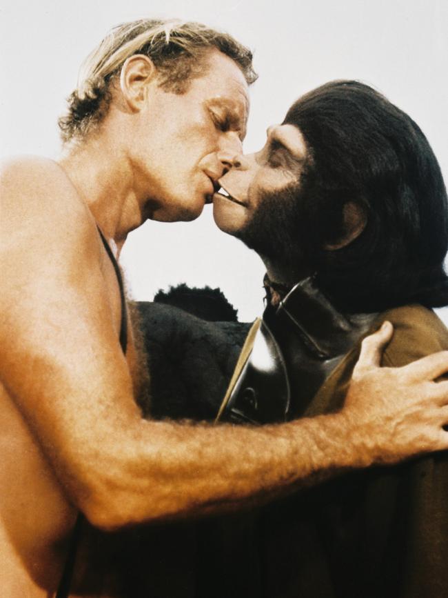 Charlton Heston kisses Kim Hunter in a still for the film Planet of the Apes, 1968. Picture Silver Screen Collection/Getty