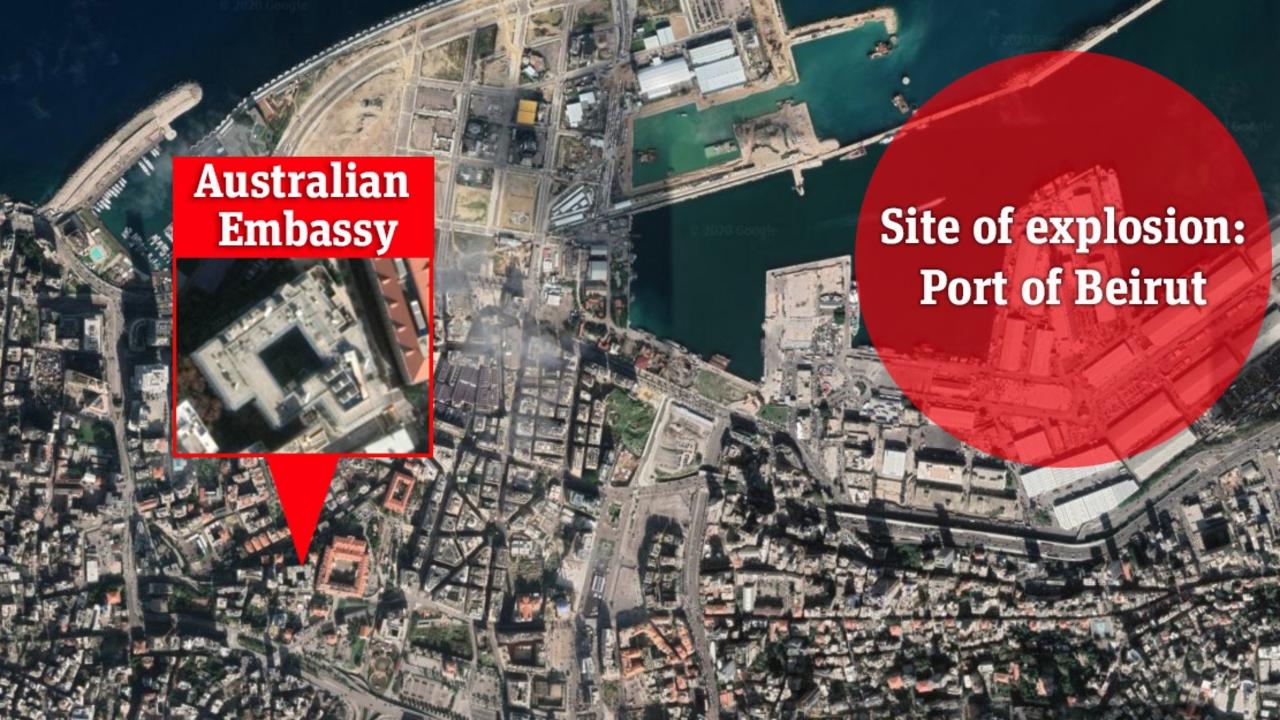 Where the Australian embassy is, relative to the port of Beirut.