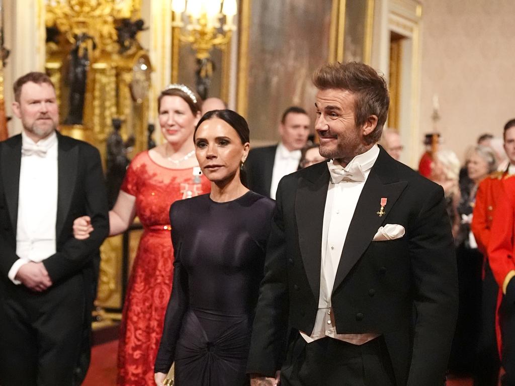 Victoria and David Beckham at the State Banquet at Buckingham Palace during day one of The Amir of the State of Qatar's visit to the UK. Picture: WPA Pool/Getty Images