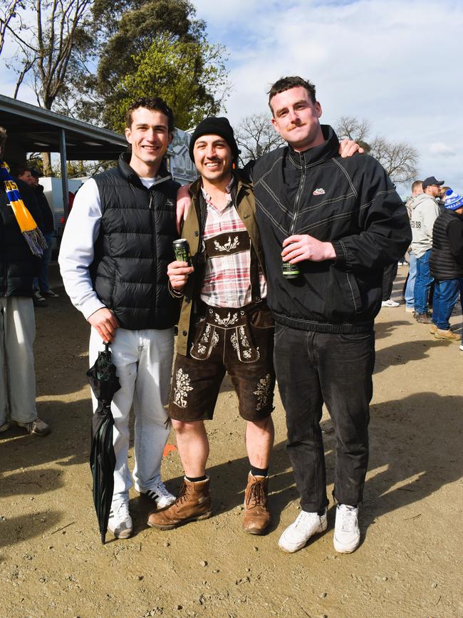 West Gippsland league grand final match 2024 — Phillip Island Bulldogs V Nar Nar Goon "The Goon" Football Club at Garfield Recreation Reserve on September 14, 2024: Harry O’Brien, Ben Beaven and Bailey Jordan. Picture: Jack Colantuono