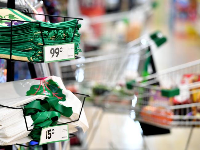 Environmentally friendly shopping bags at a Woolworths store. Picture: AAP Image/Joel Carrett