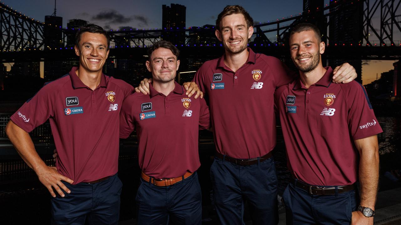 Leadership group Hugh McCluggage, Lachie Neale, Harris Andrews and Josh Dunkley at the Brisbane Lions season launch at Howard Smith wharves on Tuesday night. Picture: Lachie Millard