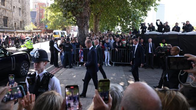 Prince William greets people queuing to see the Queen lying in state along the River Thames. Picture: Getty Images