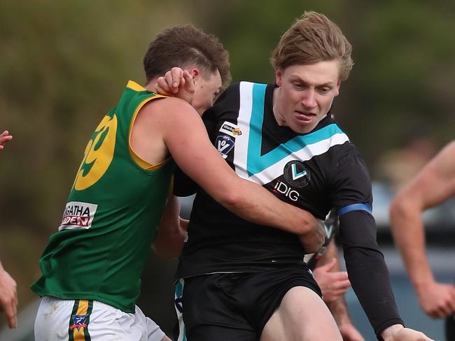 Gippsland FL, Round 12, Wonthaggi Power V Leongatha Parrots, at Wonthaggi, Wonthaggi won 6-13-49 v 4-8-32, Isaac Chugg, 29,  Wonthaggi   & Aaron Heppell, 59,   Leongatha,   Picture Yuri Kouzmin