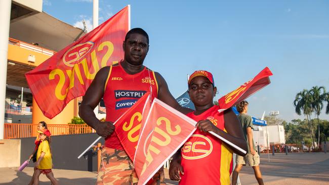 Mark Perdjert and Tom Narjic at the 2024 AFL match between Gold Coast Suns and North Melbourne at TIO Stadium. Picture: Pema Tamang Pakhrin