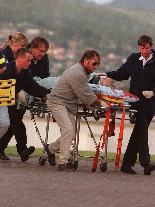 Victims from the Port Arthur massacre arrive in Hobart by helicopter after gunman Martin Bryant went on rampage in the tourist park.