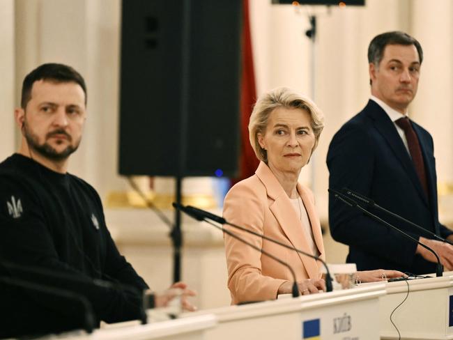 Ukraine's President Volodymyr Zelenskyy (left), Belgium's Prime Minister Alexander De Croo (right) and European Commission President Ursula von der Leyen (centre) attend a joint press conference on the second anniversary of the Russian invasion of Ukraine. Picture: AFP