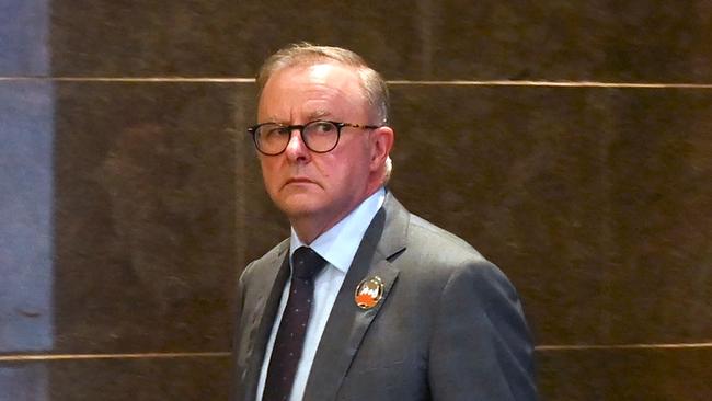 Australia's Prime Minister Anthony Albanese walks past the International Media Center (IMC) at the G20 Leaders' Summit in New Delhi on September 9, 2023. (Photo by TAUSEEF MUSTAFA / AFP)