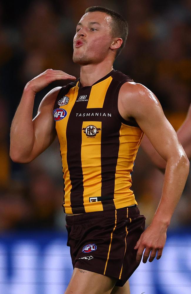 Jack Ginnivan celebrates a goal against the Eagles. Picture: Morgan Hancock/Getty Images.