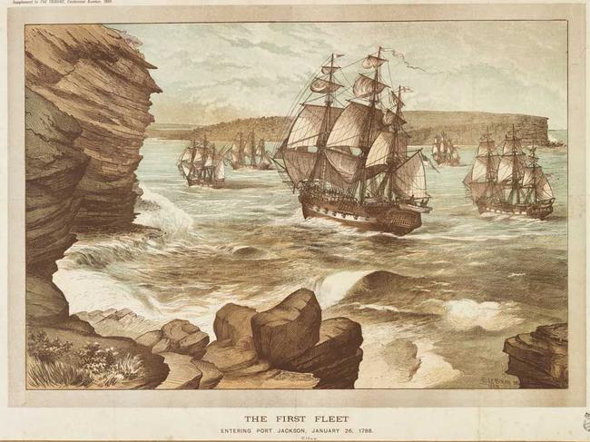 A different view of history … artistic representation of the First Fleet arriving at Botany Bay. Picture: State Library of NSW