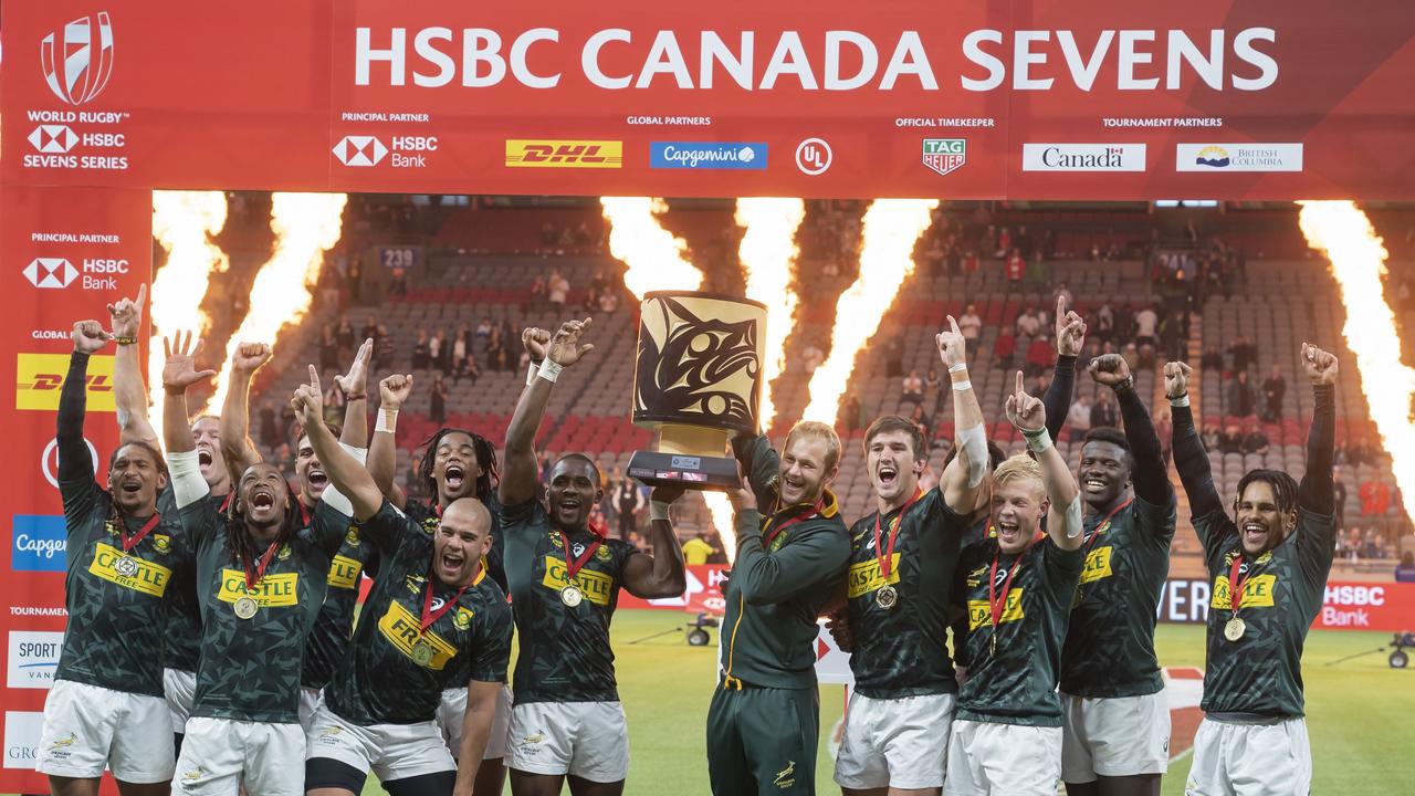 South Africa celebrates after defeating France in the cup final in Vancouver.