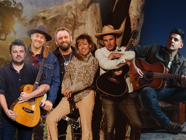 A digitally edited composite image of the four lead nominees at the 2024 Golden Guitar Awards. L-R: Travis Collins, The Wolfe Brothers,, Felicity Urquhart and Josh Cunningham, and James Johnston.