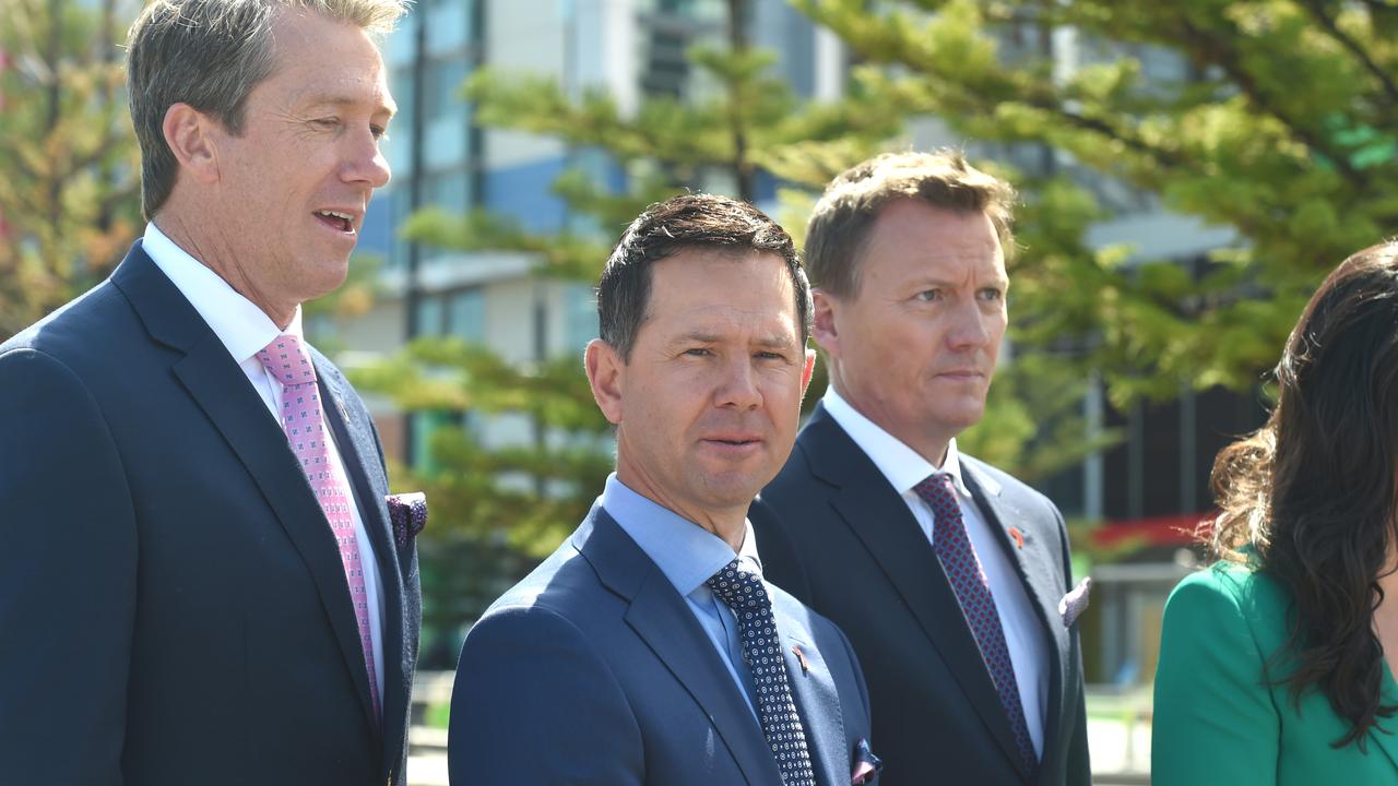 Channel 7 commentators Glenn McGrath, Ricky Ponting and James Brayshaw. Picture: Tony Gough