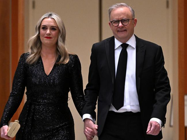 CANBERRA, AUSTRALIA - JULY 03: Prime Minister Anthony Albanese and partner Jodie Haydon arrive at the Midwinter Ball at Parliament House on July 03, 2024 in Canberra, Australia. The annual Mid Winter Ball is a ticketed event hosted by the Federal Parliamentary Press Gallery. (Photo by Tracey Nearmy/Getty Images)