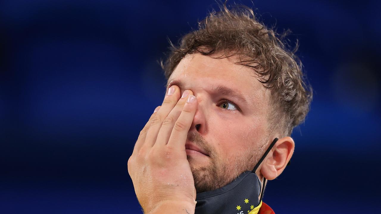 TOKYO, JAPAN - SEPTEMBER 04: Gold medalist Dylan Alcott of Team Australia reacts in the podium of Menâ&#128;&#153;s Quad Singles on day 11 of the Tokyo 2020 Paralympic Games at Ariake Tennis Park on September 04, 2021 in Tokyo, Japan. (Photo by Carmen Mandato/Getty Images)