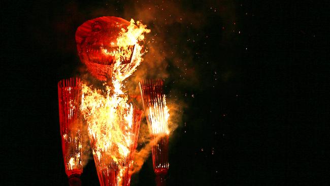 2016 Huon Valley Mid-Winter Festival. The Burning Man goes up in flames. Picture: SAM ROSEWARNE