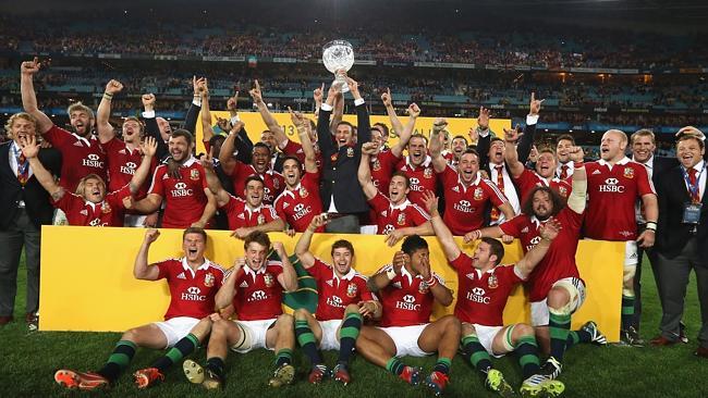 British & Irish Lions players celebrate their series triumph at ANZ Stadium.