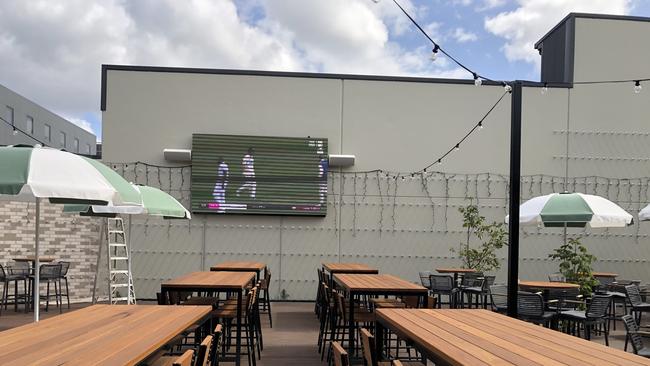 The “megascreen” TV in the outdoor seating area for The Sports Bar. Picture: Jim O'Rourke