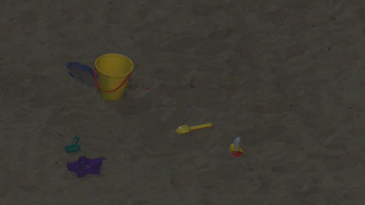 Children's play equipment is seen on the beach.