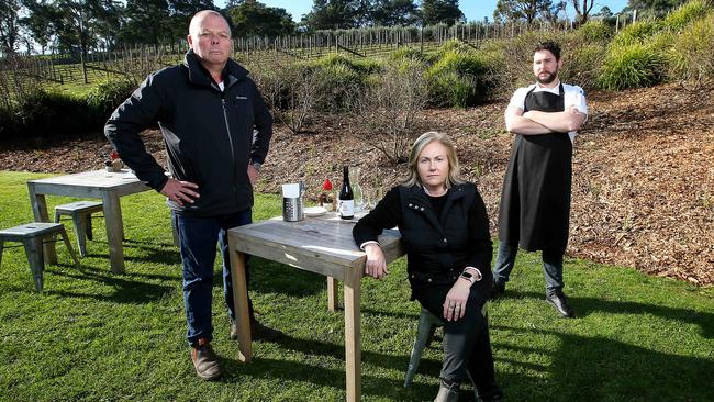 Green Olive at Red Hill Restaurant owners Greg and Sue O'Donoghue and head chef Peter Bagi will have to close again for the second lockdown across Melbourne due to the coronavirus. Picture: Ian Currie