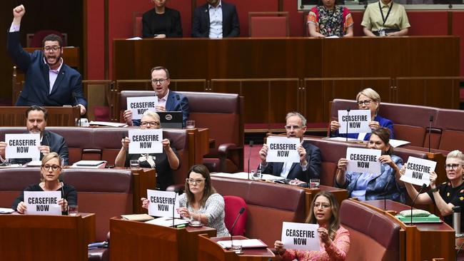 The Australian Greens call for a Ceasefire in Gaza after Question Time in the Senate at Parliament House in Canberra. Picture: NCA NewsWire / Martin Ollman