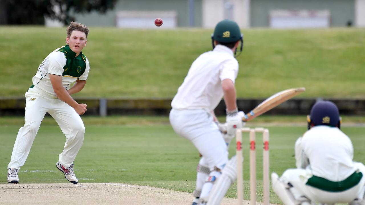 St Patrick's College bowler Harrison Clench AIC First XI match between St Patrick's College and Iona College. Saturday February 12, 2022. Picture, John Gass