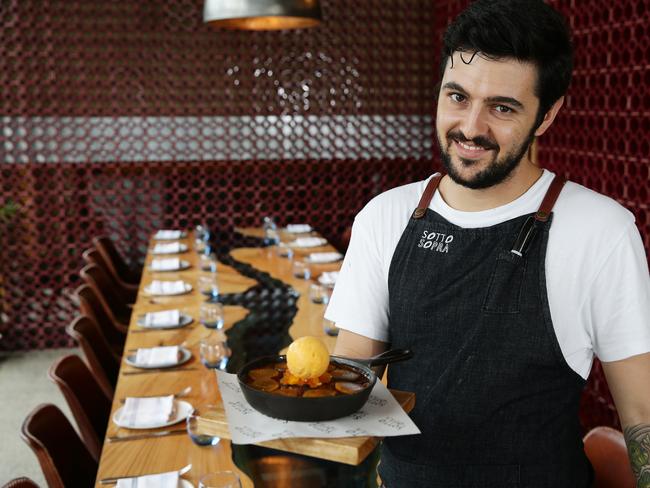 Sotto Sopra chef Mattia Rossi with a wood oven caramelised persimmon and ginger tart.