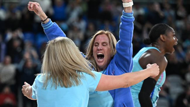 HOBART, AUSTRALIA - JUNE 29: Tracey Neville, Head Coach of the Mavericks Celebrates the win during the round 12 Super Netball match between Melbourne Mavericks and Sunshine Coast Lightning at MyState Bank Arena, on June 29, 2024, in Hobart, Australia. (Photo by Steve Bell/Getty Images)