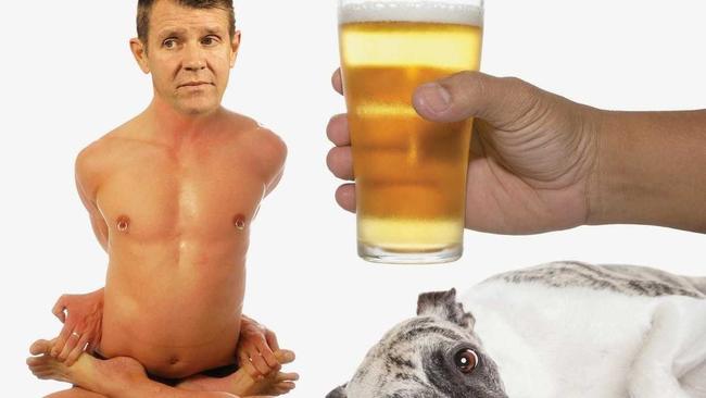 NSW Premier Mike Baird may be twisted up like a pretzel but he still has the look of a future prime minister. Picture: Digitally altered