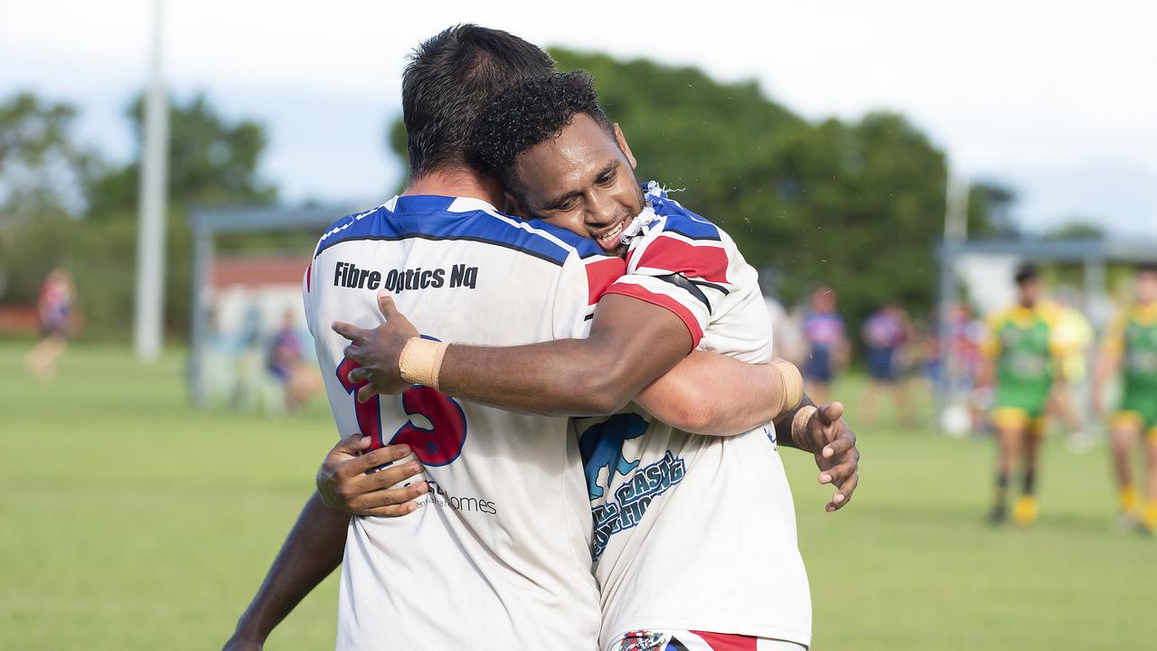 Zane Knowles of the Ivanhoes flies celebrates with teammates during the CDRL A-grade Ivanhoes v Mareeba Gladiators at Smithfield Sporting Complex on Sunday afternoon. Picture Emily Barker