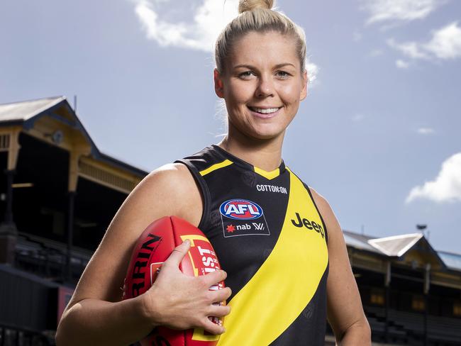 Katie Brennan poses for a photo during an AFLW Richmond Tigers media opp at Punt Road Oval in Richmond, Melbourne, Tuesday, April 9, 2019.  (AAP Image/Daniel Pockett) NO ARCHIVING