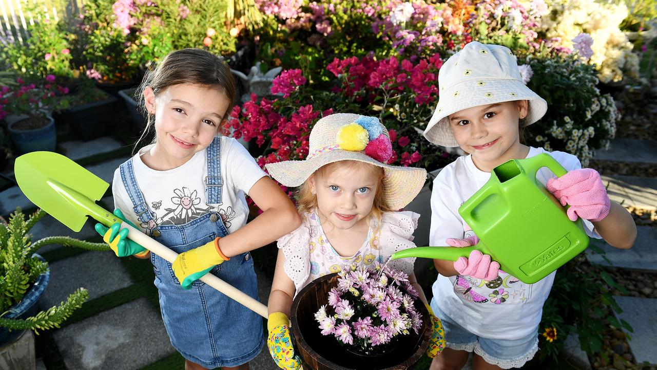 Lylah Schmitt, 8, Penelope Townsend, 6, and Lucy Clasie, 8, and are entering in the Floriculture junior section at this year's Townsville Show. Picture: Shae Beplate.