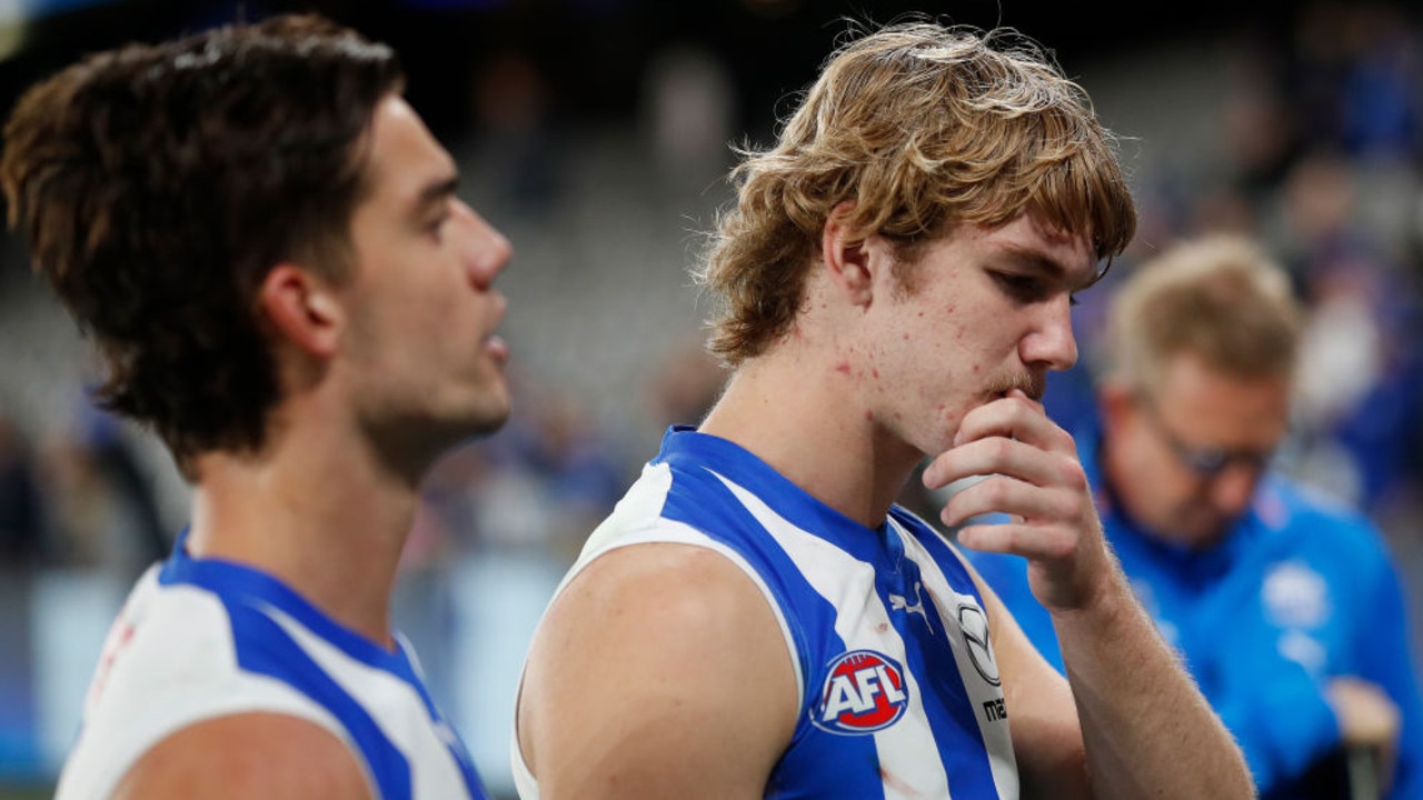 MELBOURNE, AUSTRALIA - JUNE 12: Jason Horne-Francis of the Kangaroos looks dejected after a loss during the 2022 AFL Round 13 match between the North Melbourne Kangaroos and the GWS Giants at Marvel Stadium on June 12, 2022 in Melbourne, Australia. (Photo by Michael Willson/AFL Photos via Getty Images)