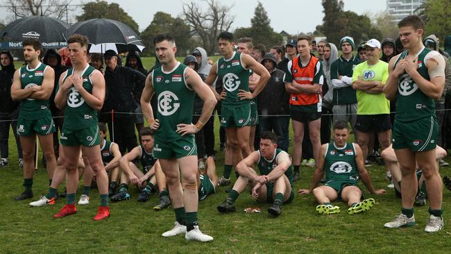 Greensborough players looks on after the 2019 Division 1 grand final. Picture: Hamish Blair