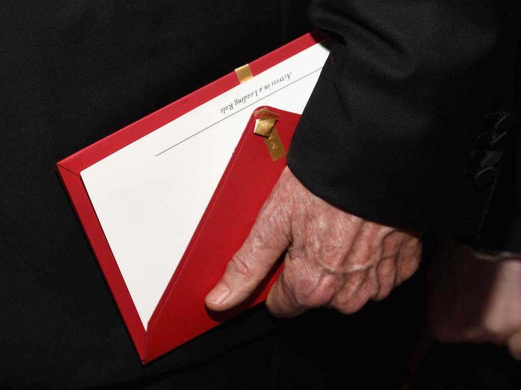 Warren Beatty holding the wrong envelope backstage during the 89th Annual Academy Awards in Hollywood. Picture: AFP