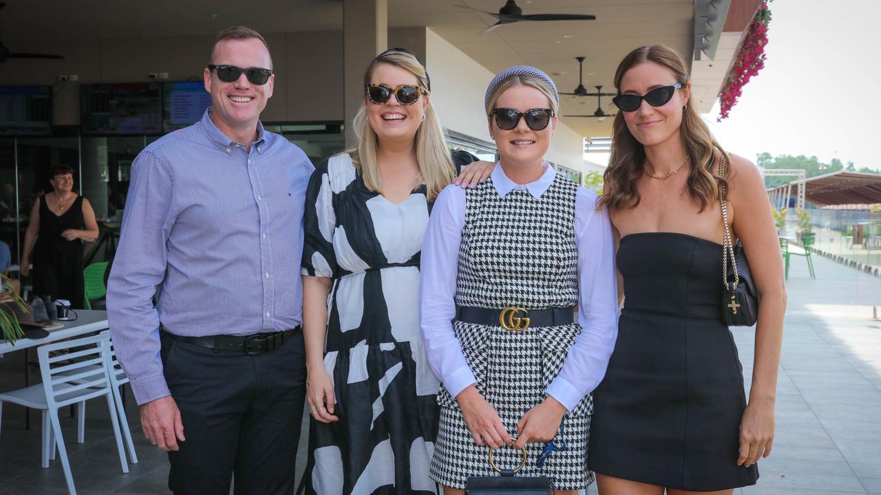 Stephen McGruddy, Emma Williams, Bridget McCue and Lisa Andrews at the 2021 Darwin Cup Carnival Derby Day. Picture: Glenn Campbell