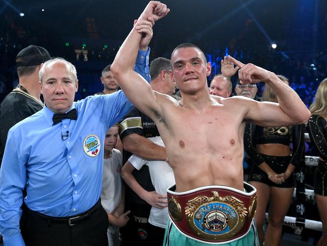 Tim Tszyu celebrates victory against Brian Mendoza after the WBO super-welterweight world title bout on October 15, 2023. Picture: Getty Images