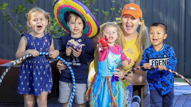 Justine Woodall runs Kids Moves, which provides interactive fitness classes designed for children two years and up. Pictured with Justine are (from left) Tilly, Aiden, Bonnie and Raven. Picture: TIM MARSDEN