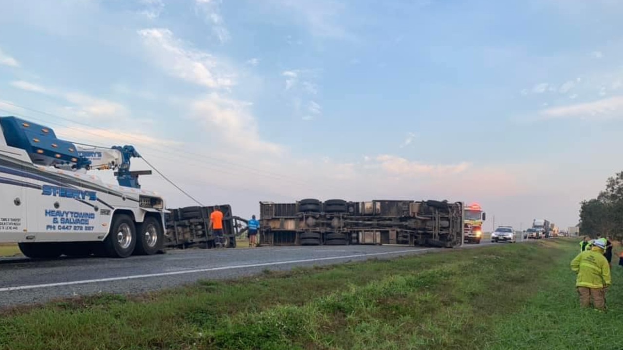 The Bruce Highway was blocked in both directions after a furniture truck rolled just south of Proserpine.