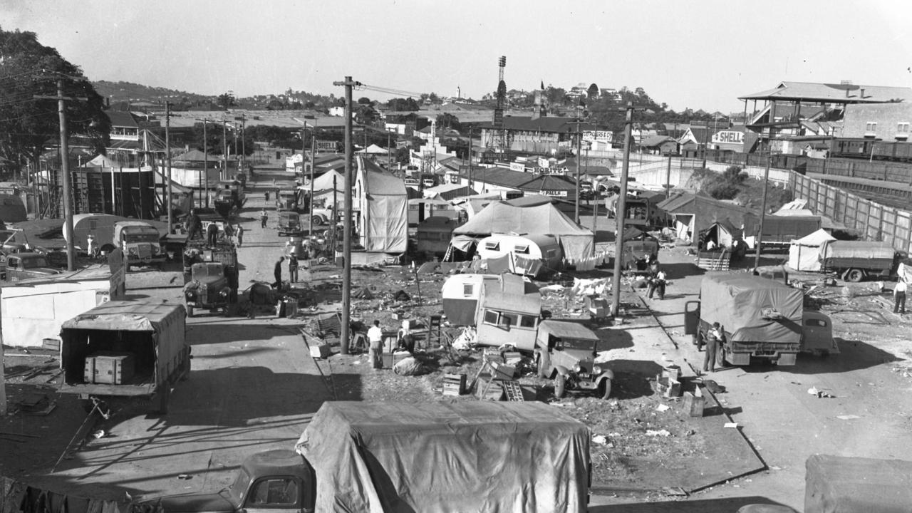 Pack-up time, 1948. The first exhibition on the site of the Brisbane Exhibition Grounds dates to August 1876.