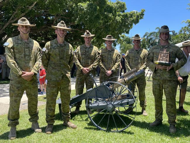 102 Field Workshop’s Ian Wallace, Jason Mitchell, Jake Wilson, Jarrod Dezwort, Jarred Smyth and Benjamin Weston present a WW1 German mortar at Remembrance Day memorial at Jubilee Park, Mackay. Photo: Zoe Devenport