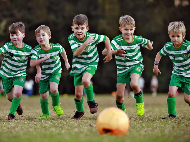 DAILY TELEGRAPH - 28/6/24Kids from the Pittwater Pirates U7Ãs football club pictured at training this evening in Mona Vale. L to R, Callum Kelly, Dylan Dwyer, Gabe Gomes, Eli Sutton, Cash Kay-Clough. Picture: Sam Ruttyn