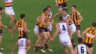 Was Isaac Smith holding the ball in the dying seconds of the Hawks v Crows game ? Source: Fox Sports