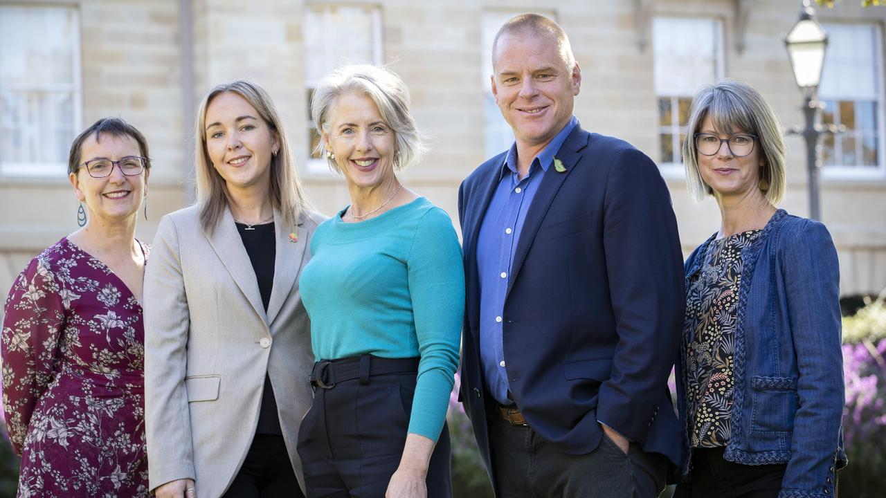 Tasmanian Greens, Helen Burnet, Tabatha Badger, leader Rosalie Woodruff, Vica Bayley and Cecily Rosol. Picture: Chris Kidd