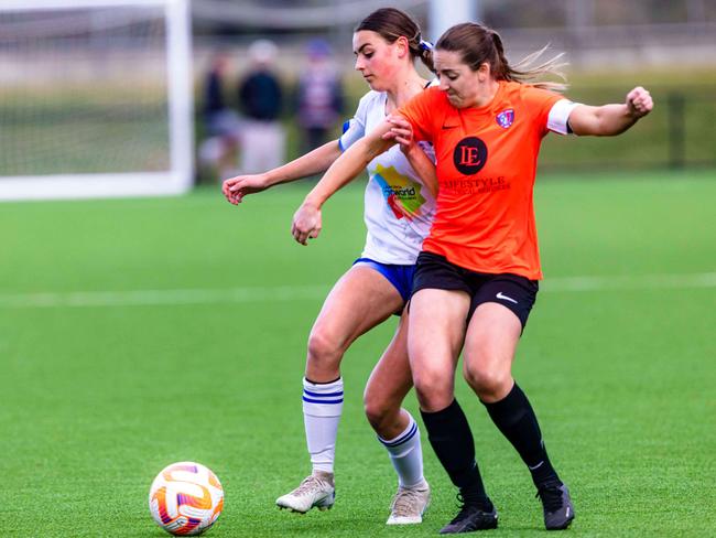 Women’s Statewide Cup Final. South Hobart vs Launceston United. Lucy Smith, Launceston United. Sophie Westwood, South Hobart. Picture: Linda Higginson